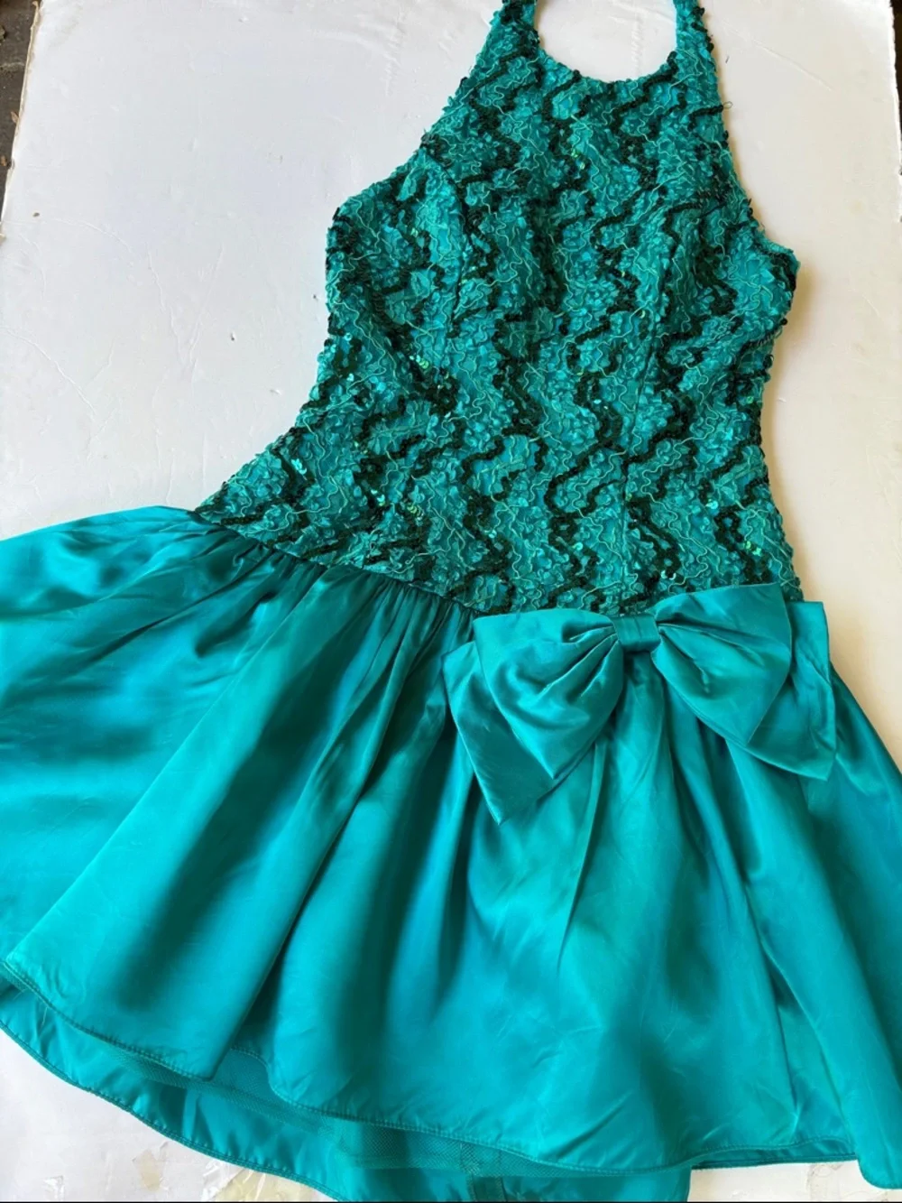Vintage 80’s Sequin Party Dress Teal Bow Halter Bow Dropwaist Cocktail Dance 90’ - Picture 3 of 17